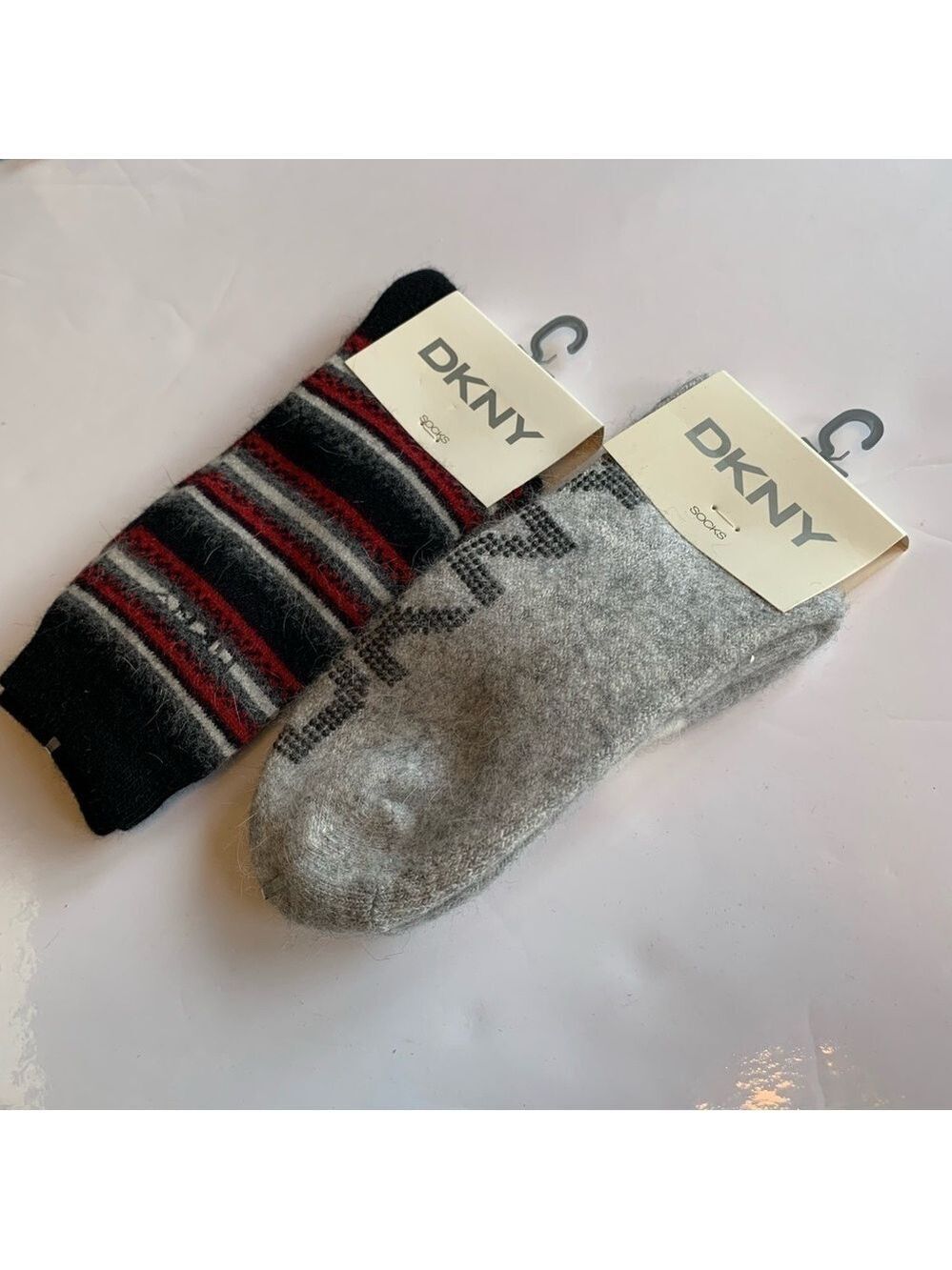 DKNY luxury angora blend designer crew socks bundle winter ski neutral stripe